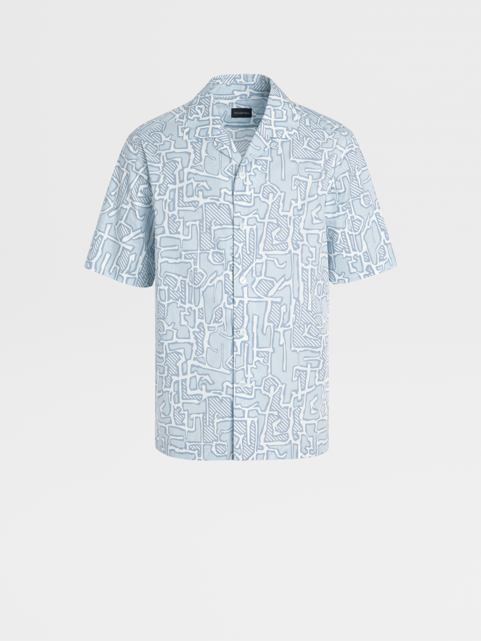 Light Blue and White Printed Pure Cotton Short-sleeve Shirt, Regular Fit